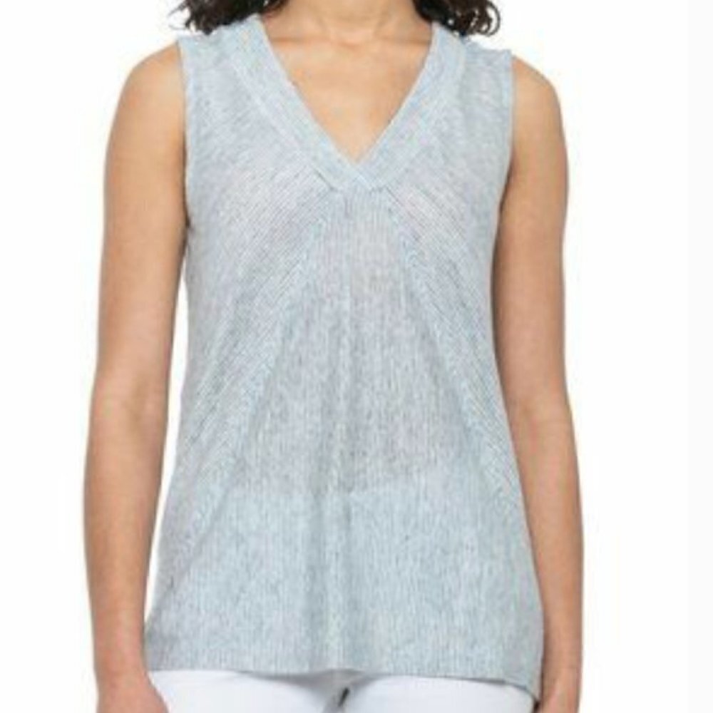 Sigrid Olsen‎ Women's Size Medium V-Neck Tank Top White Blue Stripes Split Side